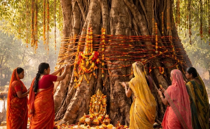 सुहागिन महिलाएं वट सावित्री व्रत पर बरगद के पेड़ की पूजा करती हुईं, धागा बांधकर प्रार्थना करती हुईं