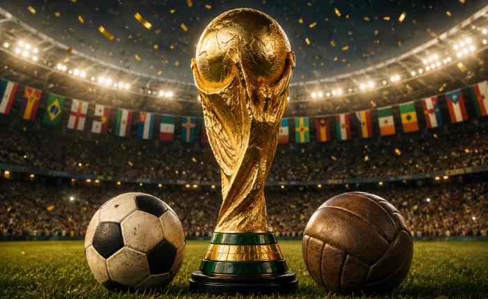 FIFA World Cup trophy displayed in a packed football stadium with vintage footballs and celebrating fans in the background