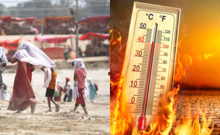 तेज धूप और गर्म हवाओं के बीच सड़क पर चलते लोग, बढ़ती Heat Wave का दृश्य.