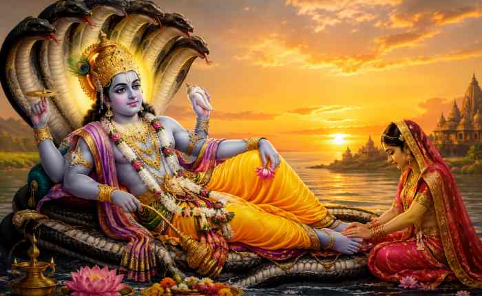 भगवान विष्णु शेषनाग पर विराजमान हैं और एक महिला भक्त सूर्यास्त के समय उनकी पूजा कर रही है, चारों ओर मंदिर और कमल के फूल दिखाई दे रहे हैं