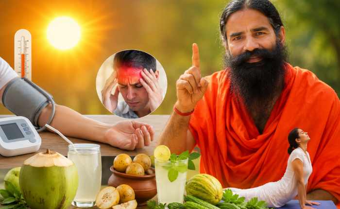 तेज गर्मी और हाई ब्लड प्रेशर की समस्या को दर्शाती तस्वीर, जिसमें योग गुरु, BP मशीन, तेज धूप, नारियल पानी, नींबू पानी और योग करती महिला दिखाई दे रही है