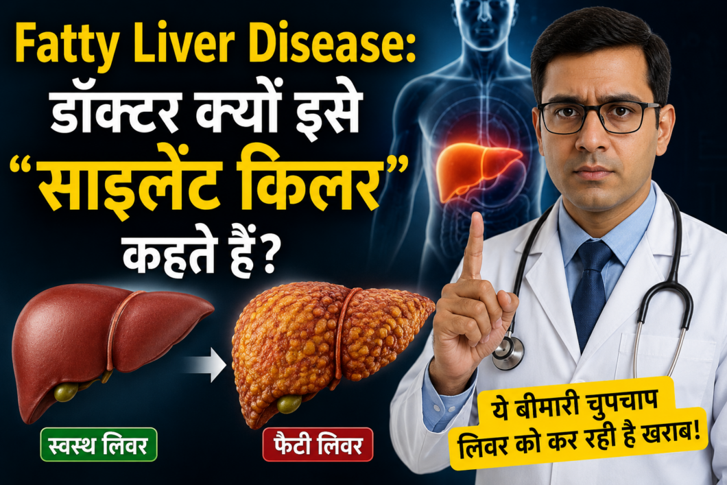 डॉक्टर फैटी लिवर बीमारी को “साइलेंट किलर” बताते हुए समझा रहे हैं, साथ में स्वस्थ और फैटी लिवर का चित्रण दिखाया गया है